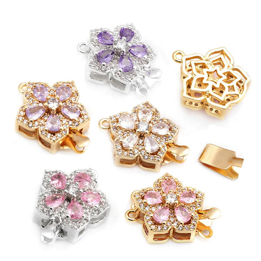4 Sets Premium 18K Gold Plated Zircon Flower Clasps - Luxury Necklace Connectors for DIY Jewelry